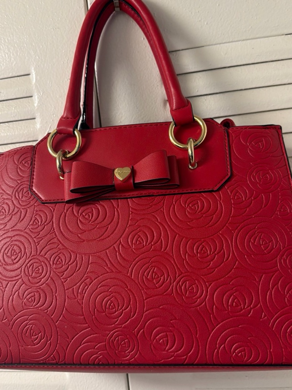 Red Embossed Bow Tote Handbag - Unknown Brand